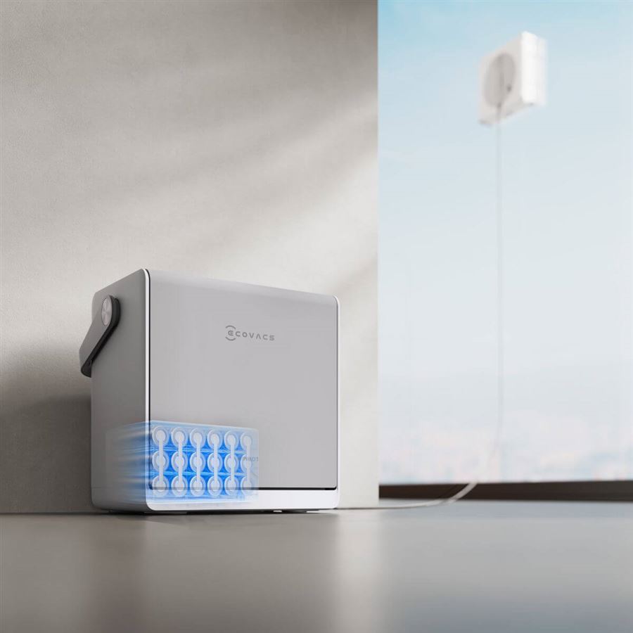 Robotický čistič okien ECOVACS s prenosnou stanicou, výdrž 110 m, TruEdge, tri trysky na dvoch stranách, 7 režimov, app