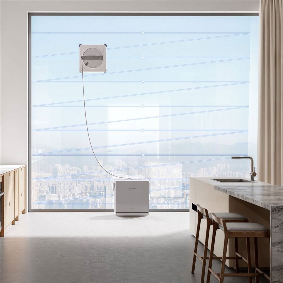 Robotický čistič okien ECOVACS s prenosnou stanicou, výdrž 110 m, TruEdge, tri trysky na dvoch stranách, 7 režimov, app