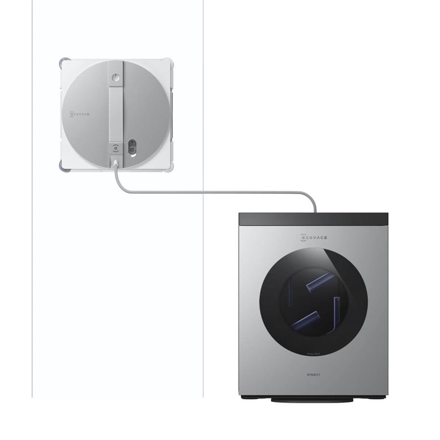 Robotický čistič okien ECOVACS s prenosnou pracou stanicou, výdrž 130 m, TruEdge, tri trysky na dvoch stranách, 7 režimo