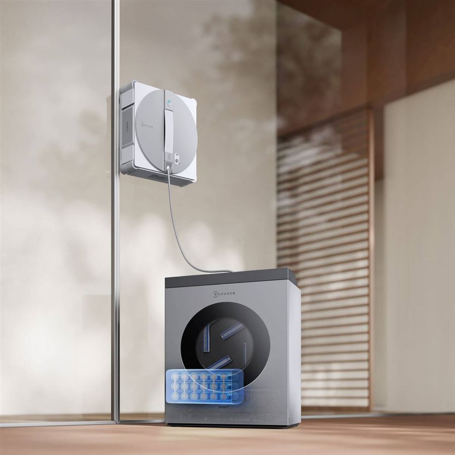 Robotický čistič okien ECOVACS s prenosnou pracou stanicou, výdrž 130 m, TruEdge, tri trysky na dvoch stranách, 7 režimo