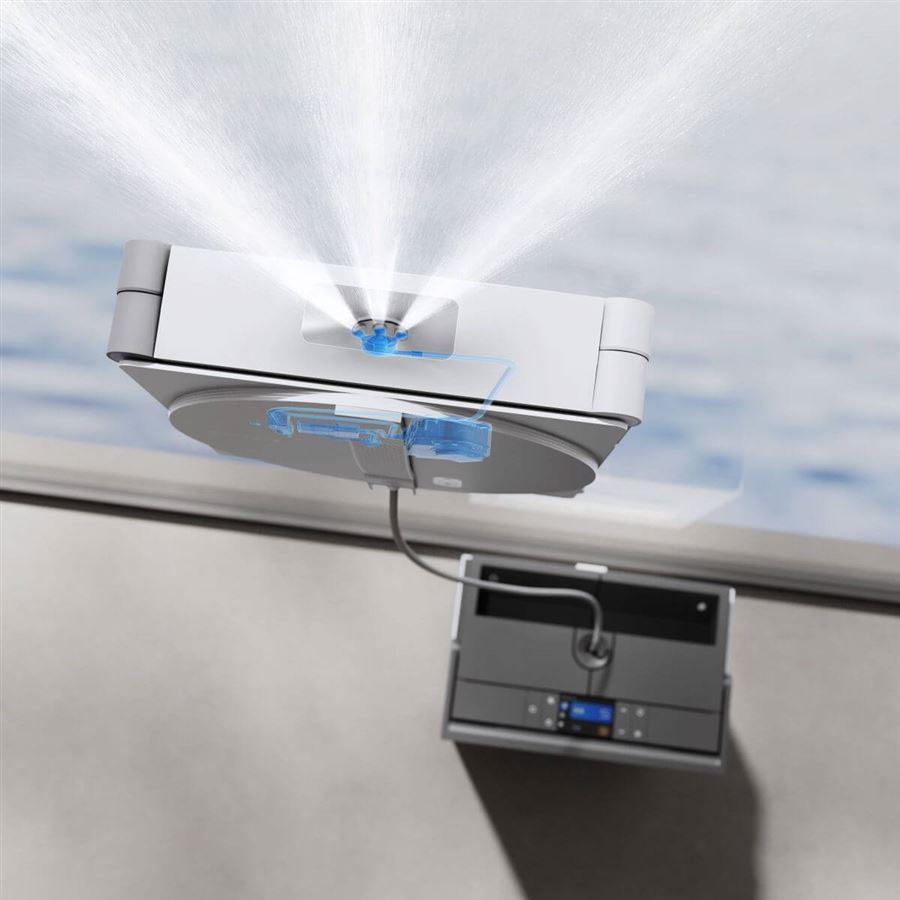 Robotický čistič okien ECOVACS s prenosnou pracou stanicou, výdrž 130 m, TruEdge, tri trysky na dvoch stranách, 7 režimo