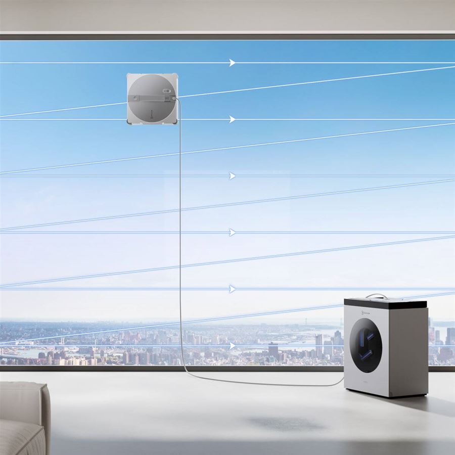 Robotický čistič okien ECOVACS s prenosnou pracou stanicou, výdrž 130 m, TruEdge, tri trysky na dvoch stranách, 7 režimo